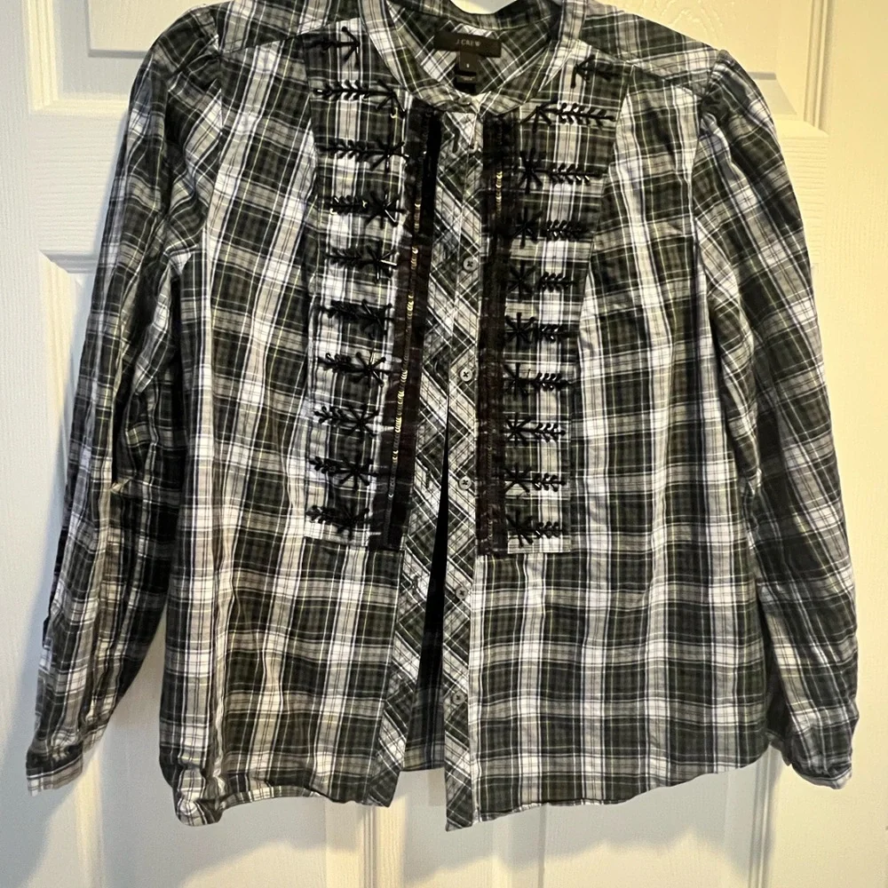 J Crew Dark Green Plaid Top 100% Cotton with Tiny Sequins Detail Size Small